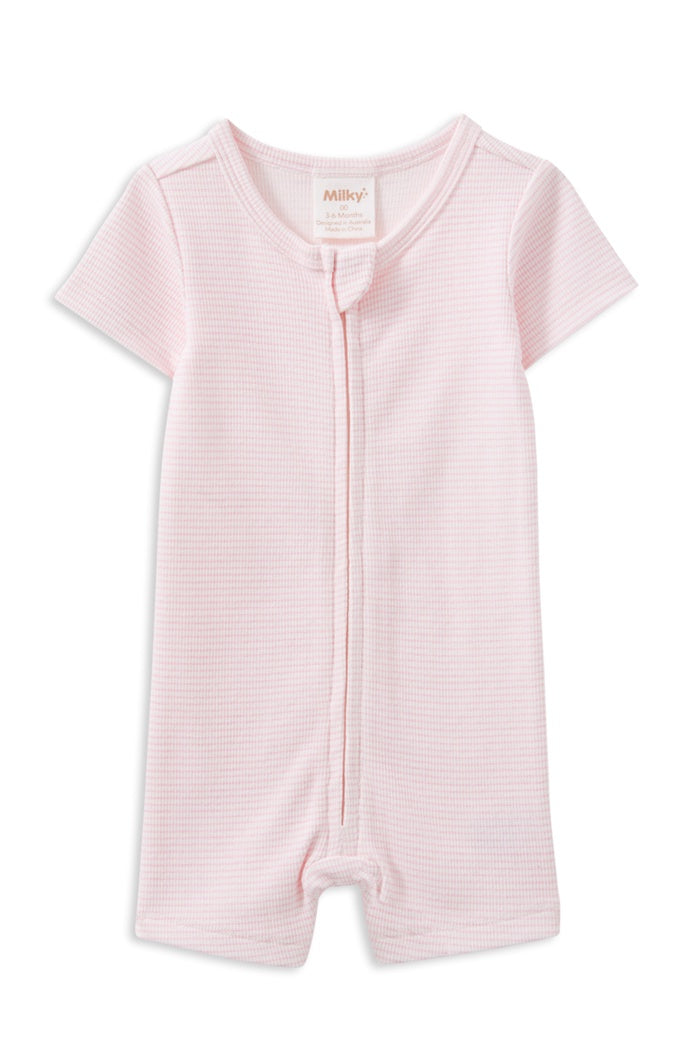 Pink Stripe Rib Zip Romper