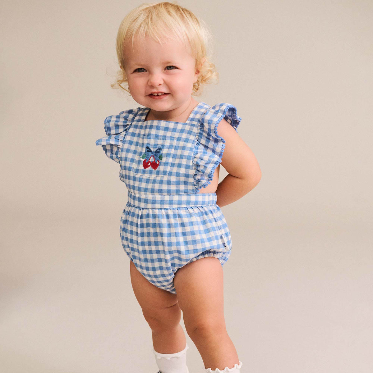 DUSTY BLUE GINGHAM BOW PLAYSUIT