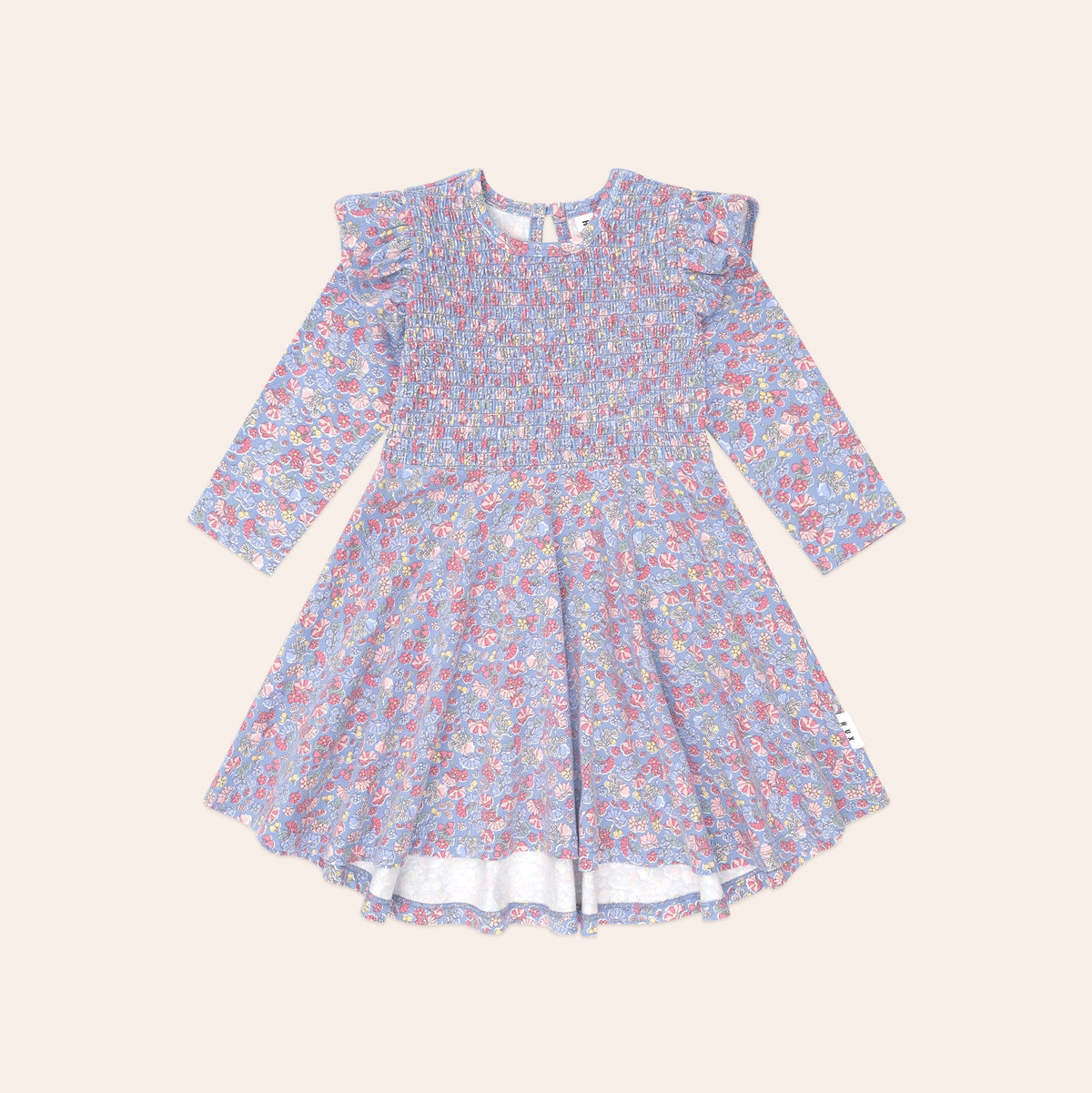 VINTAGE FLORAL SHIRRED LONG SLEEVE DRESS