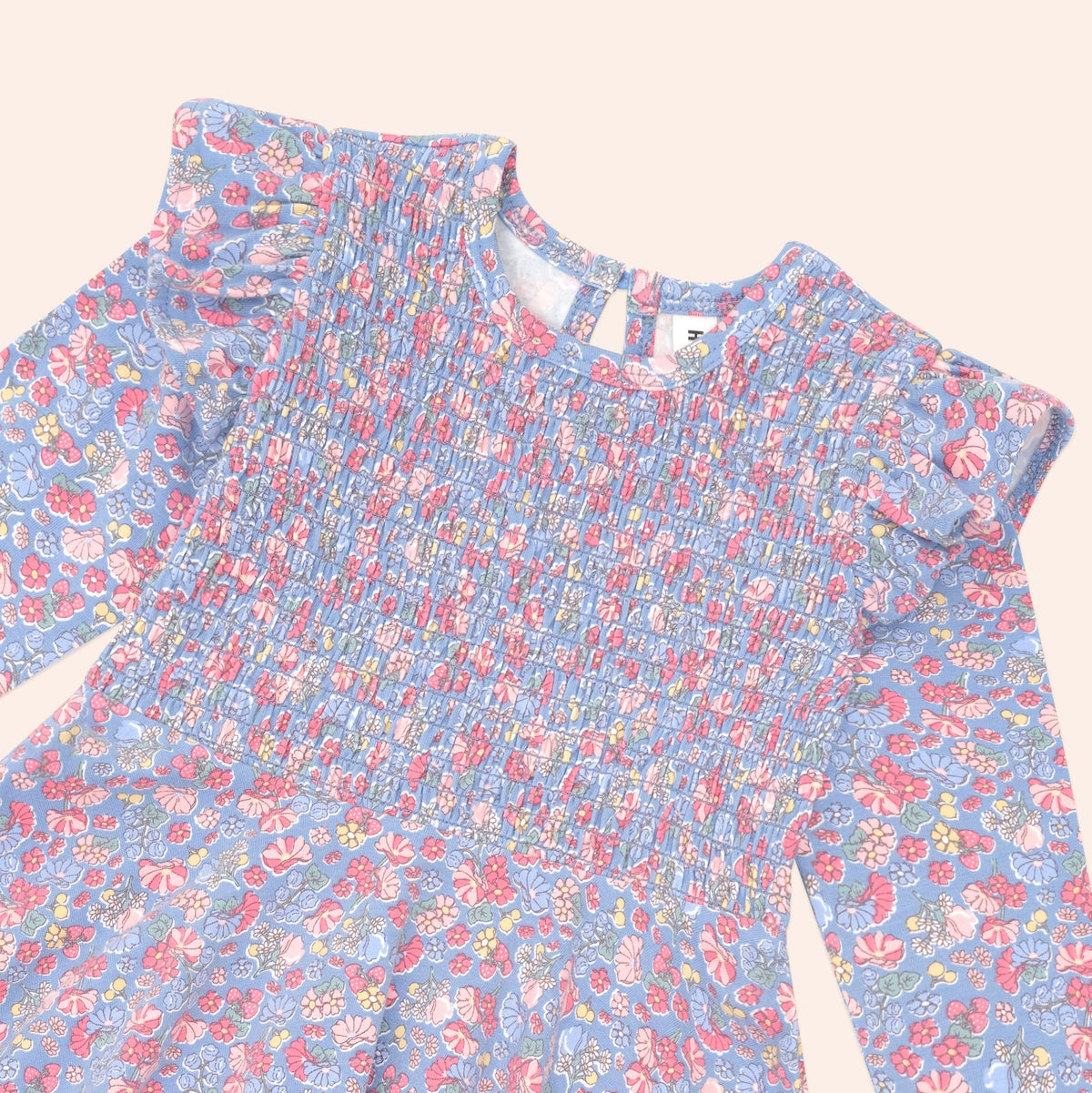 VINTAGE FLORAL SHIRRED LONG SLEEVE DRESS