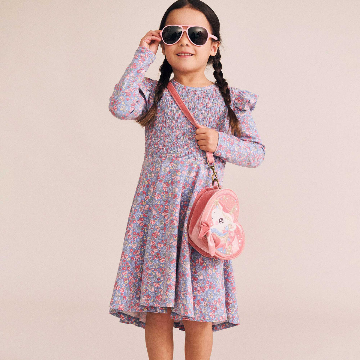 VINTAGE FLORAL SHIRRED LONG SLEEVE DRESS