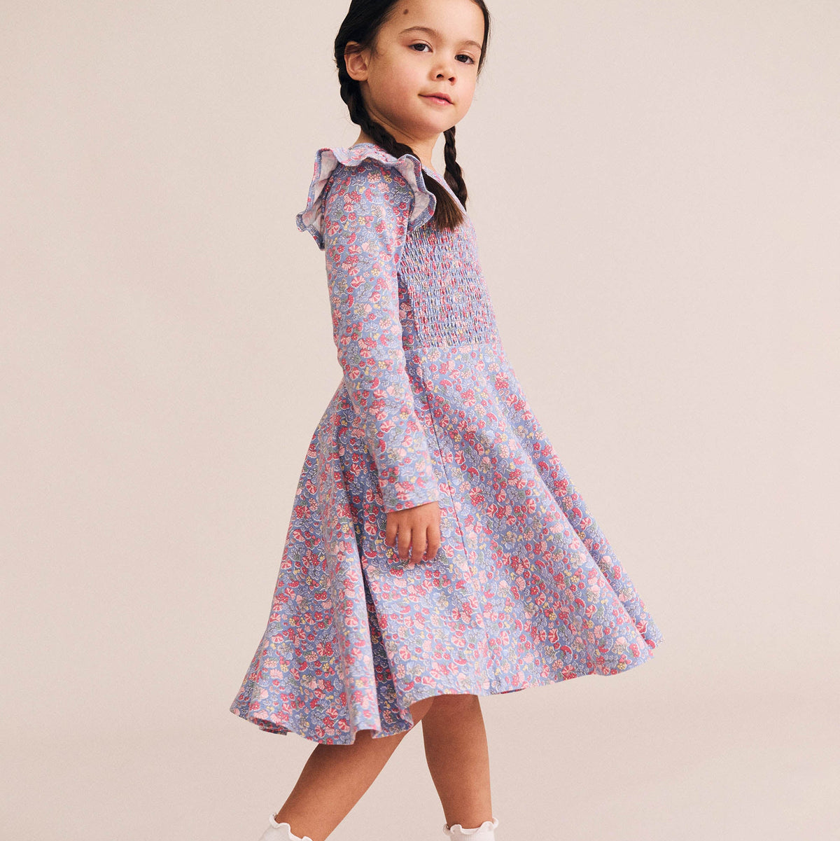 VINTAGE FLORAL SHIRRED LONG SLEEVE DRESS