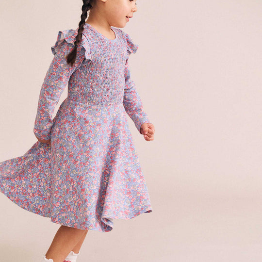 VINTAGE FLORAL SHIRRED LONG SLEEVE DRESS