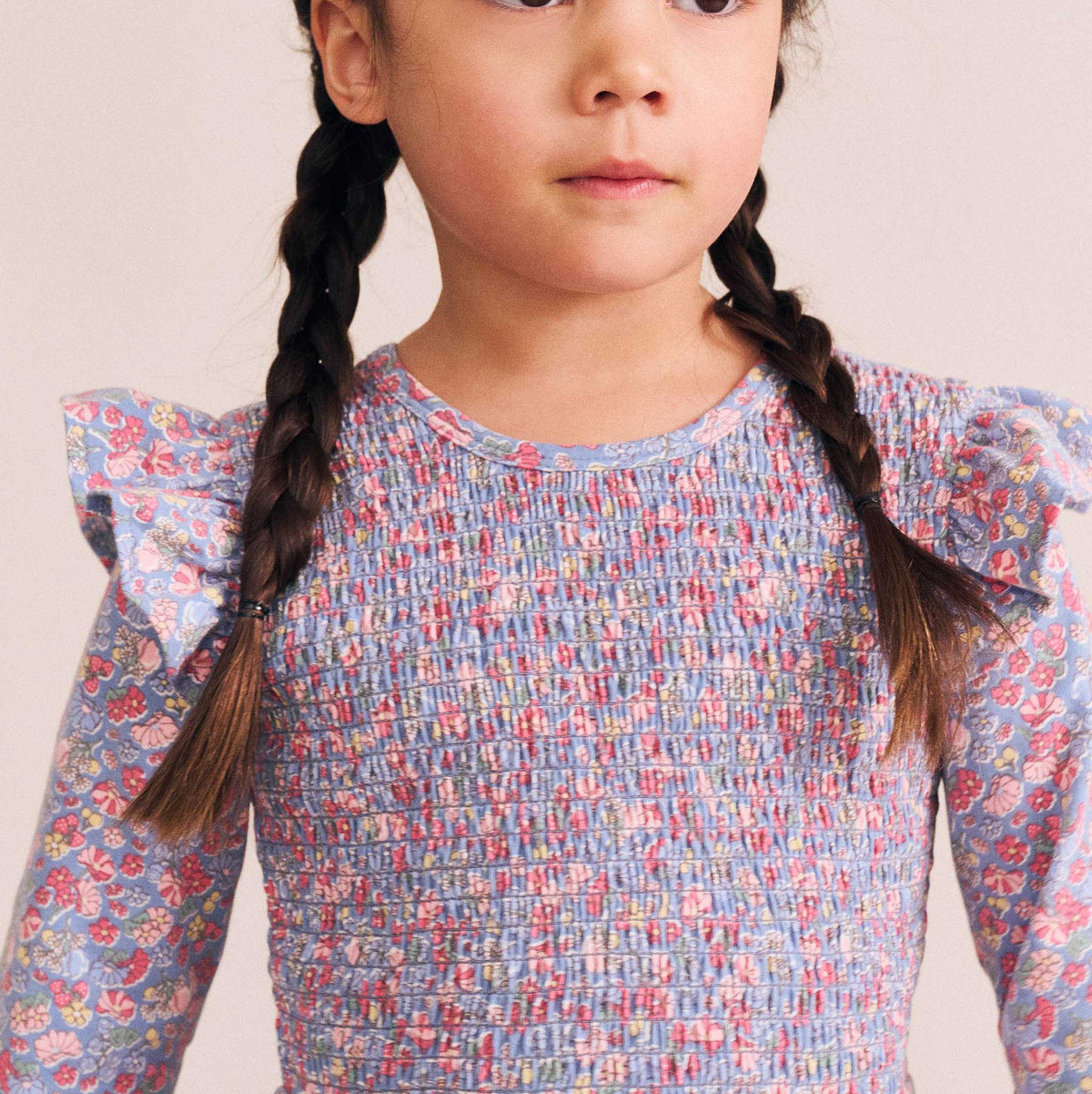 VINTAGE FLORAL SHIRRED LONG SLEEVE DRESS