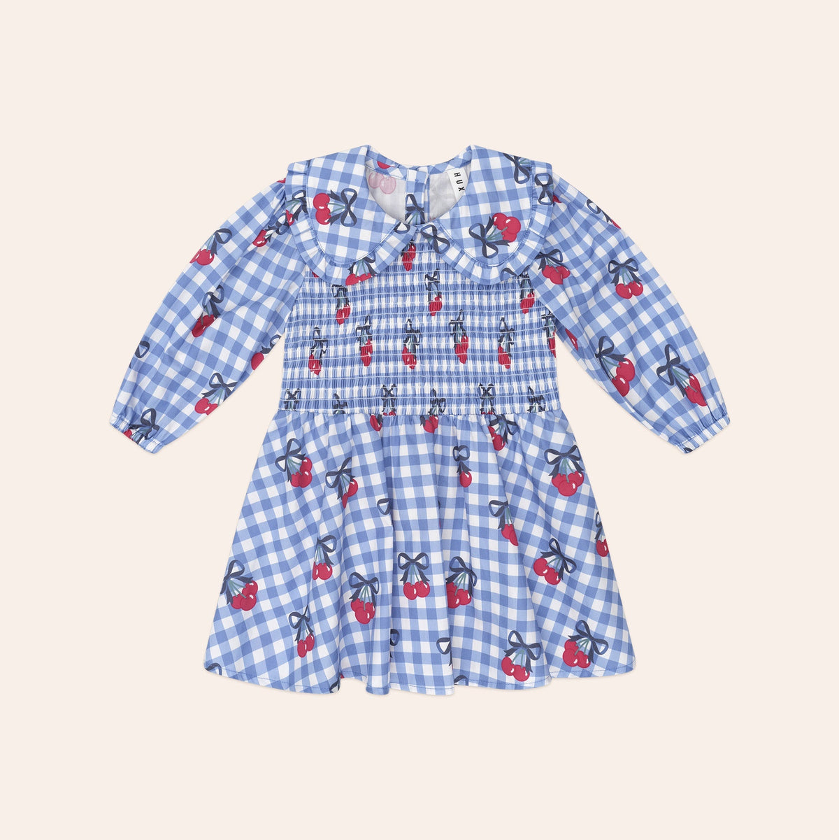 CHERRY GINGHAM SHIRRED DRESS