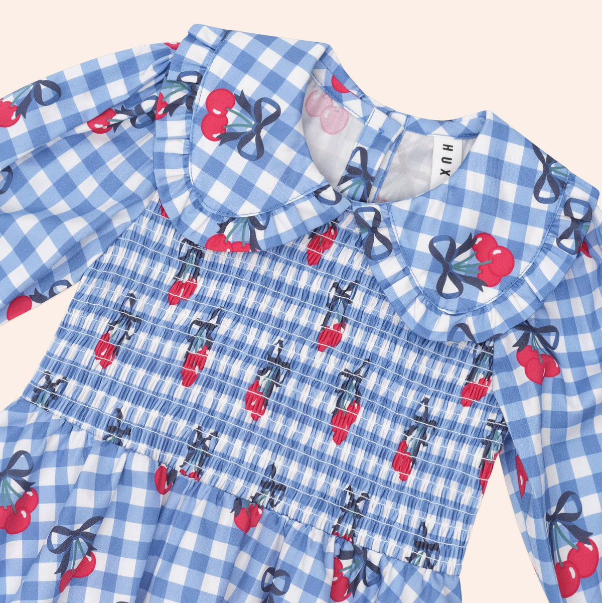 CHERRY GINGHAM SHIRRED DRESS