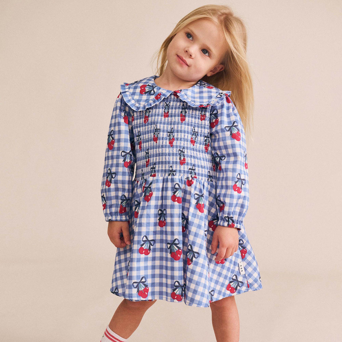 CHERRY GINGHAM SHIRRED DRESS