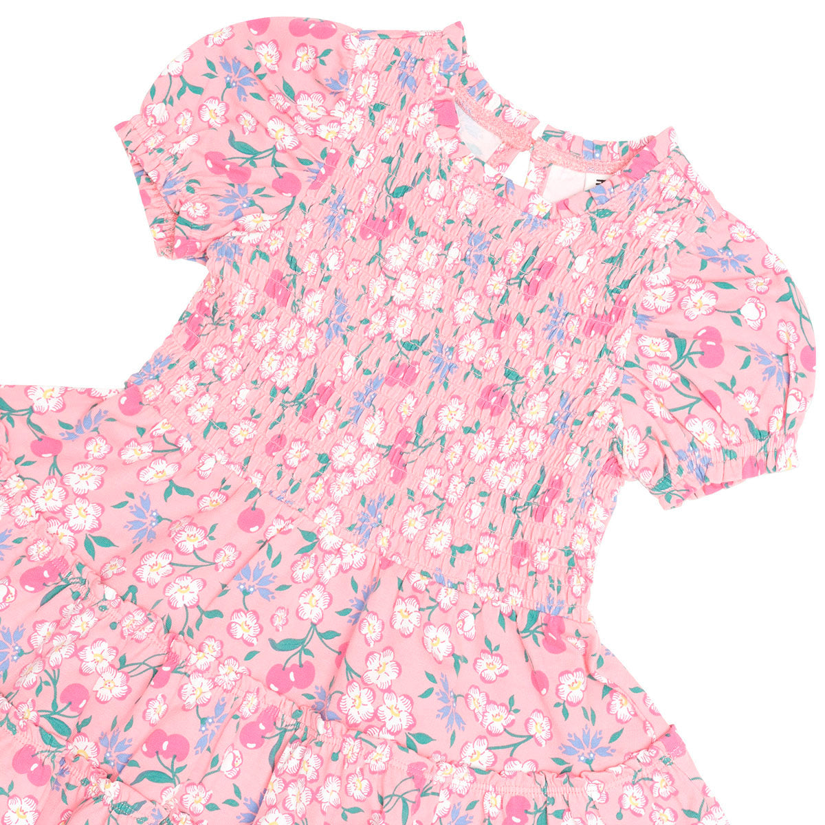 TROPICAL CHERRY FLORAL TIERED PUFF DRESS