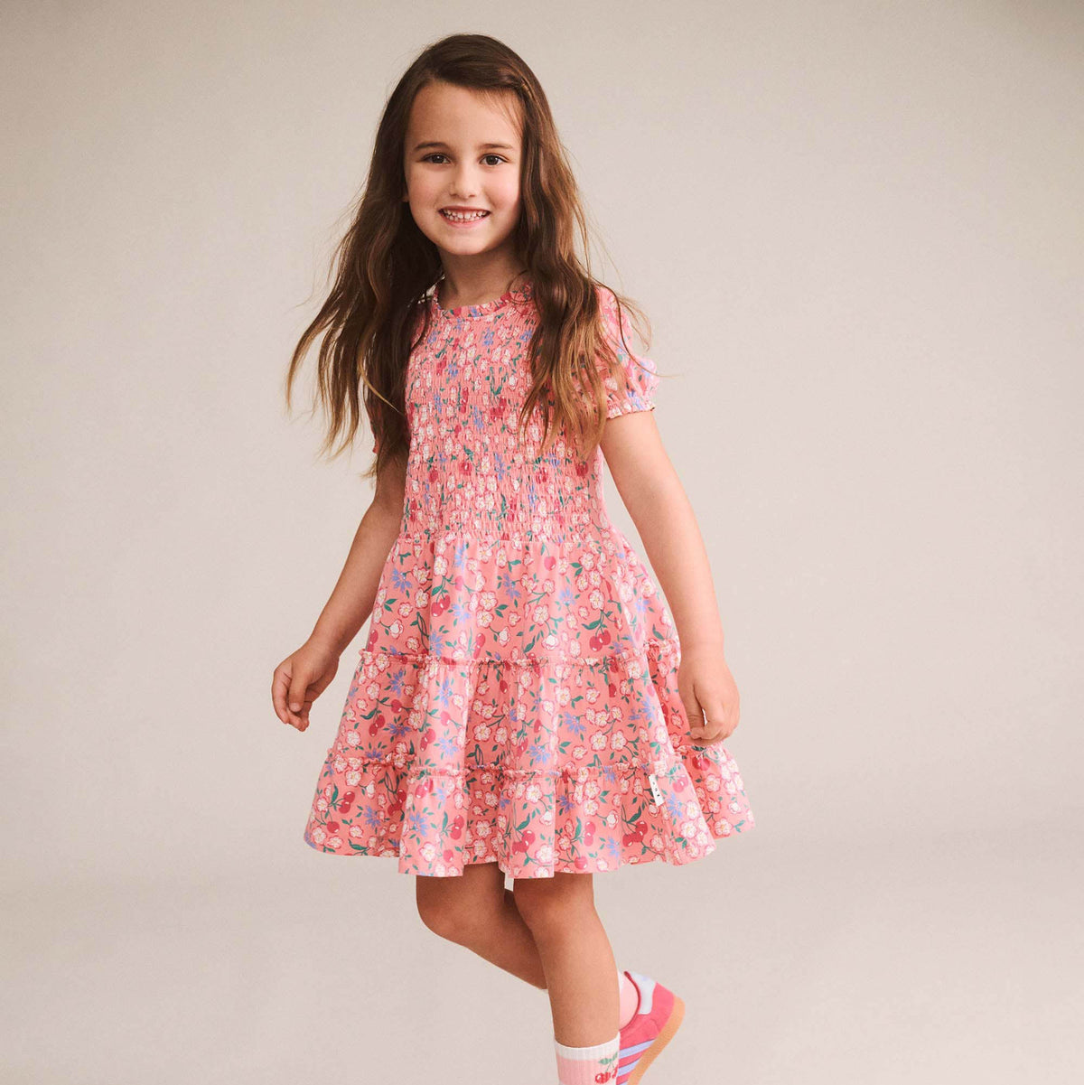 TROPICAL CHERRY FLORAL TIERED PUFF DRESS