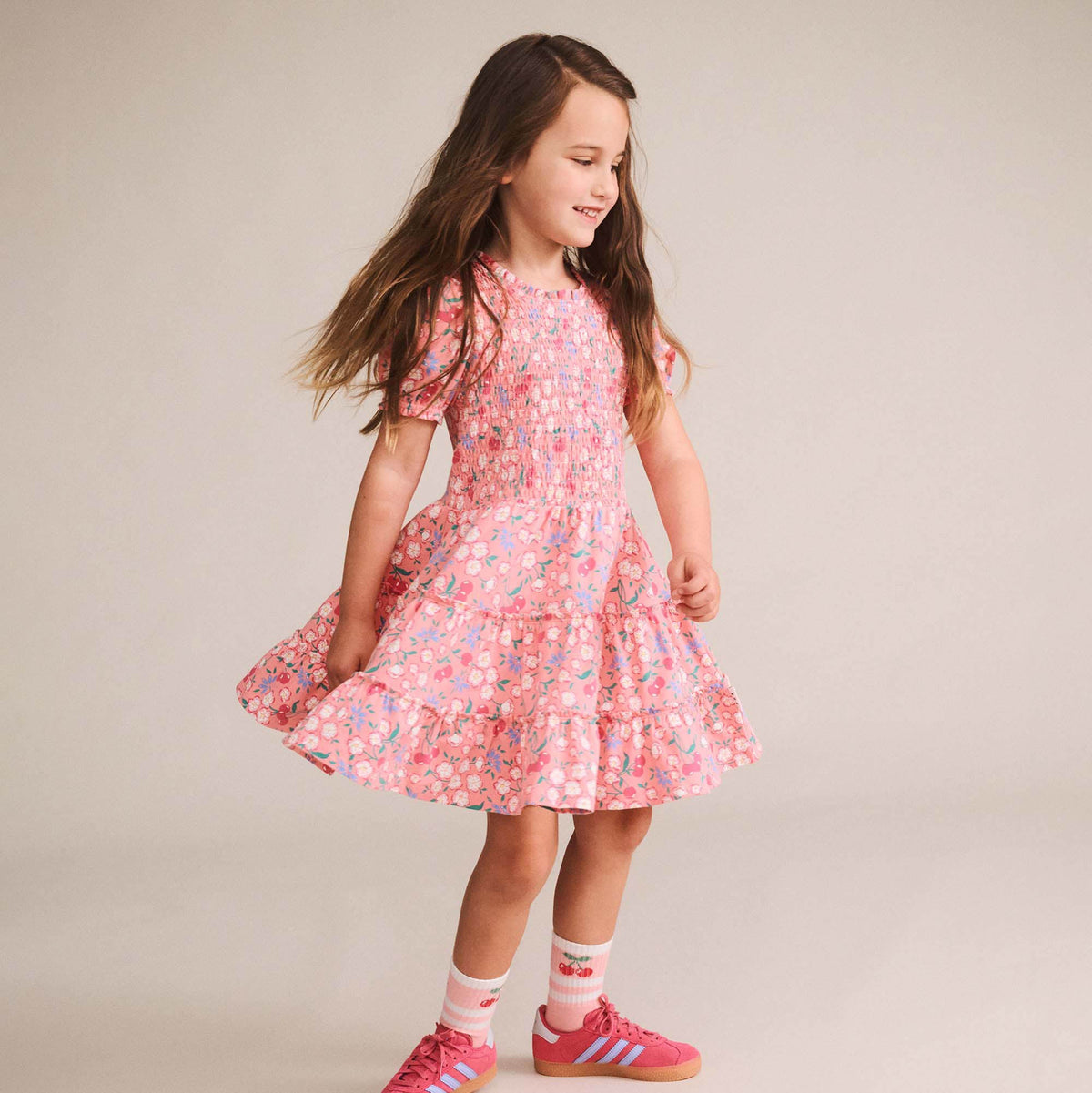 TROPICAL CHERRY FLORAL TIERED PUFF DRESS