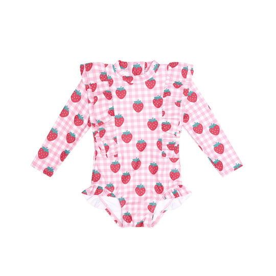 STRAWBERRY CHECK FRILL SWIMSUIT