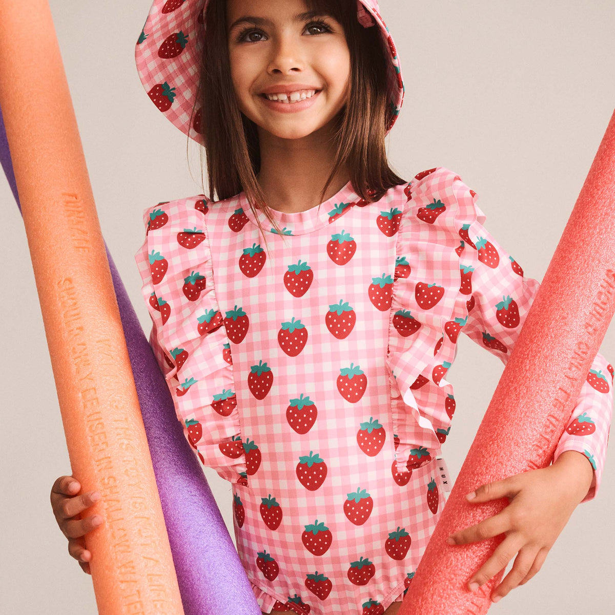 STRAWBERRY CHECK FRILL SWIMSUIT
