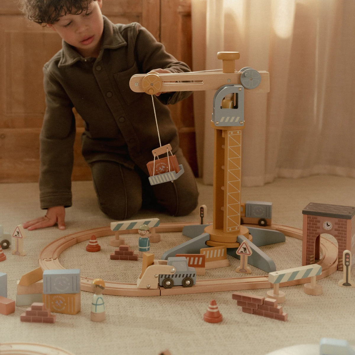 Wooden Crane and Train Track Set