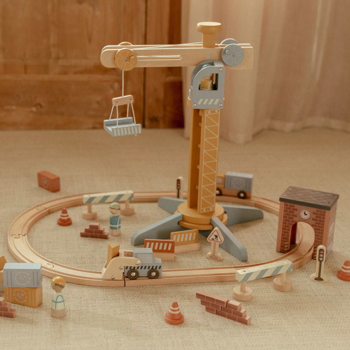 Wooden Crane and Train Track Set