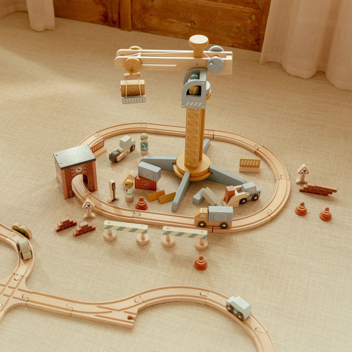 Wooden Crane and Train Track Set