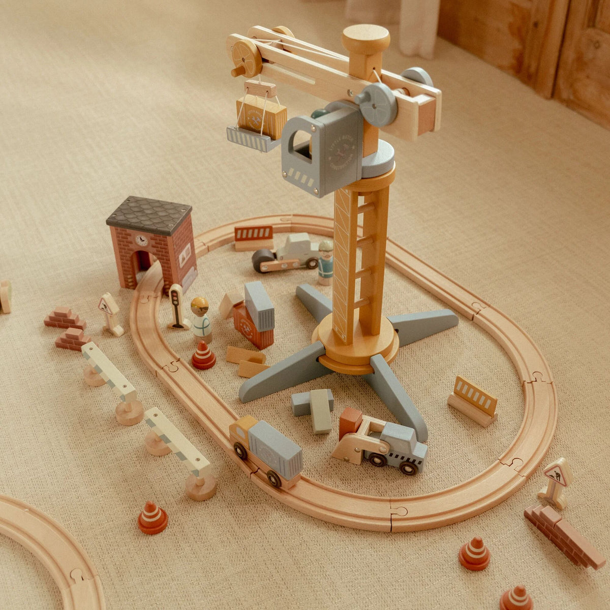 Wooden Crane and Train Track Set