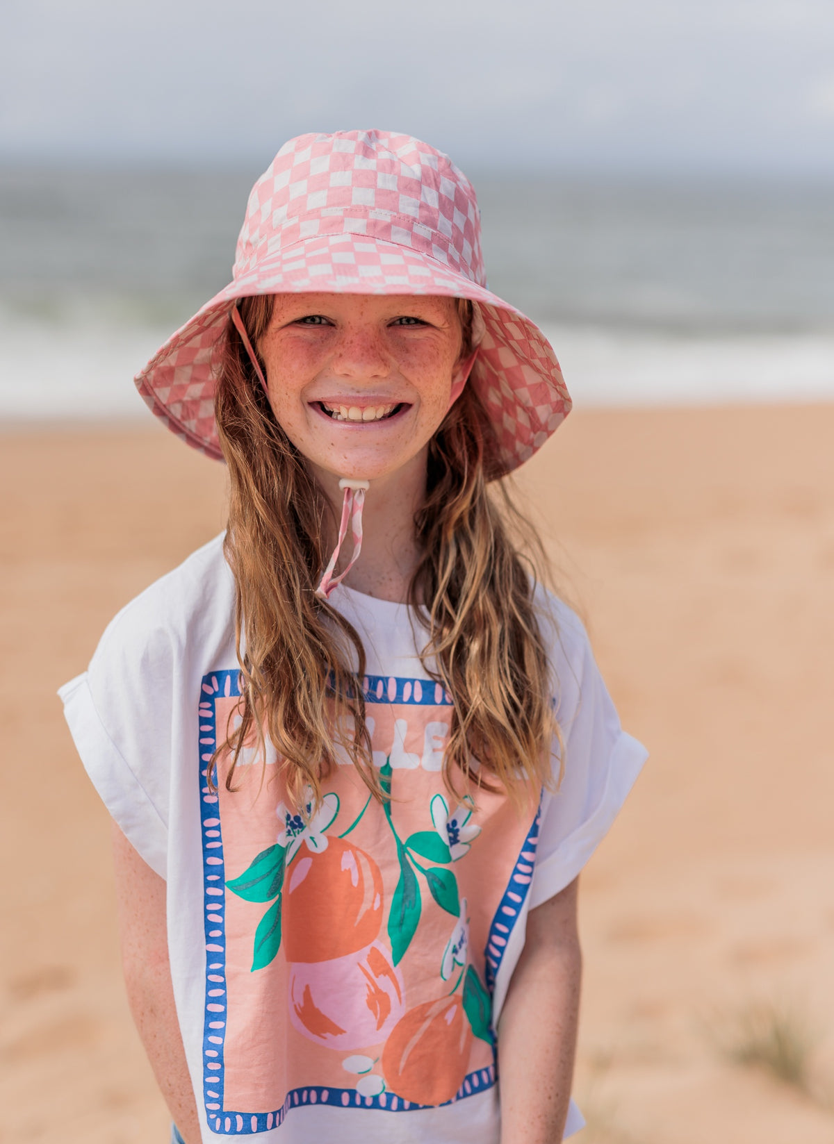 Pink Checks Broad Brim Bucket Hat Pink and Cream