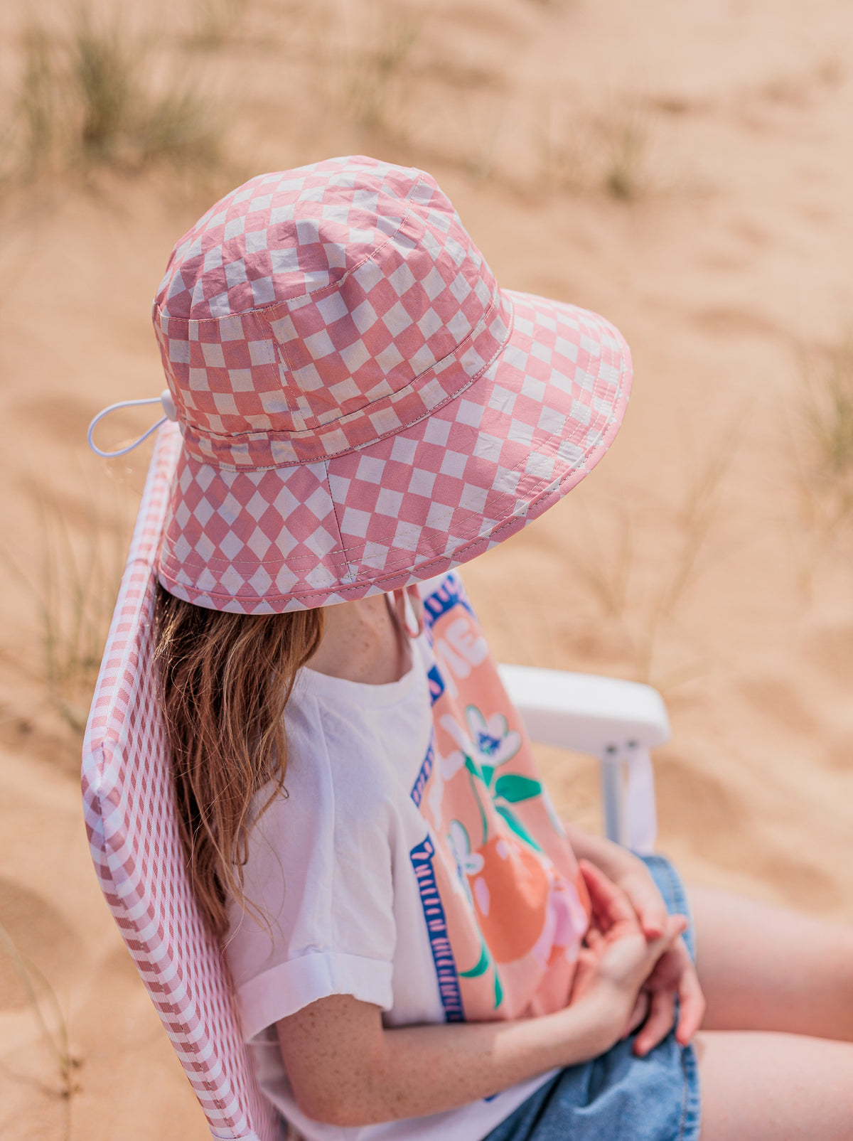 Pink Checks Broad Brim Bucket Hat Pink and Cream
