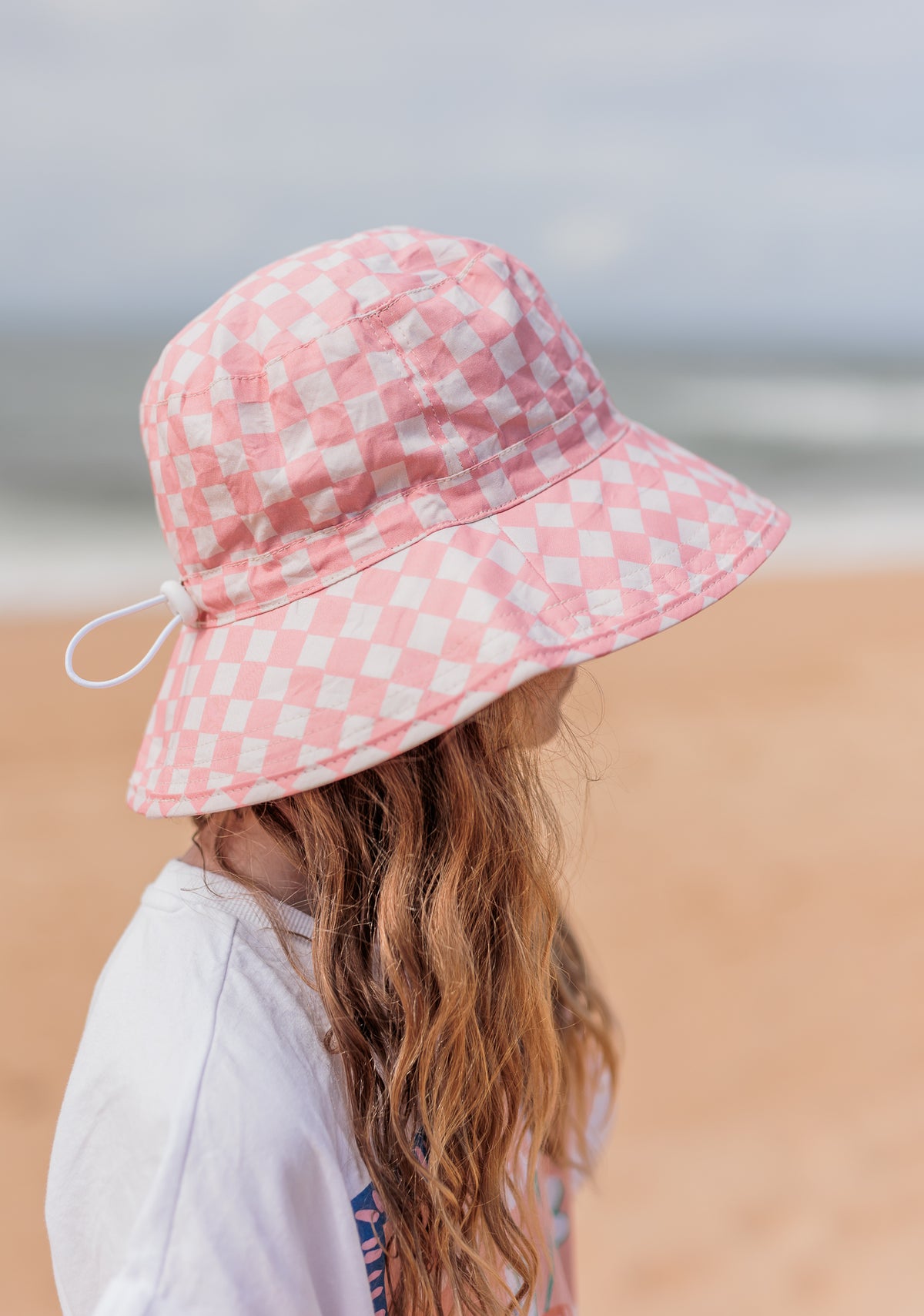 Pink Checks Broad Brim Bucket Hat Pink and Cream