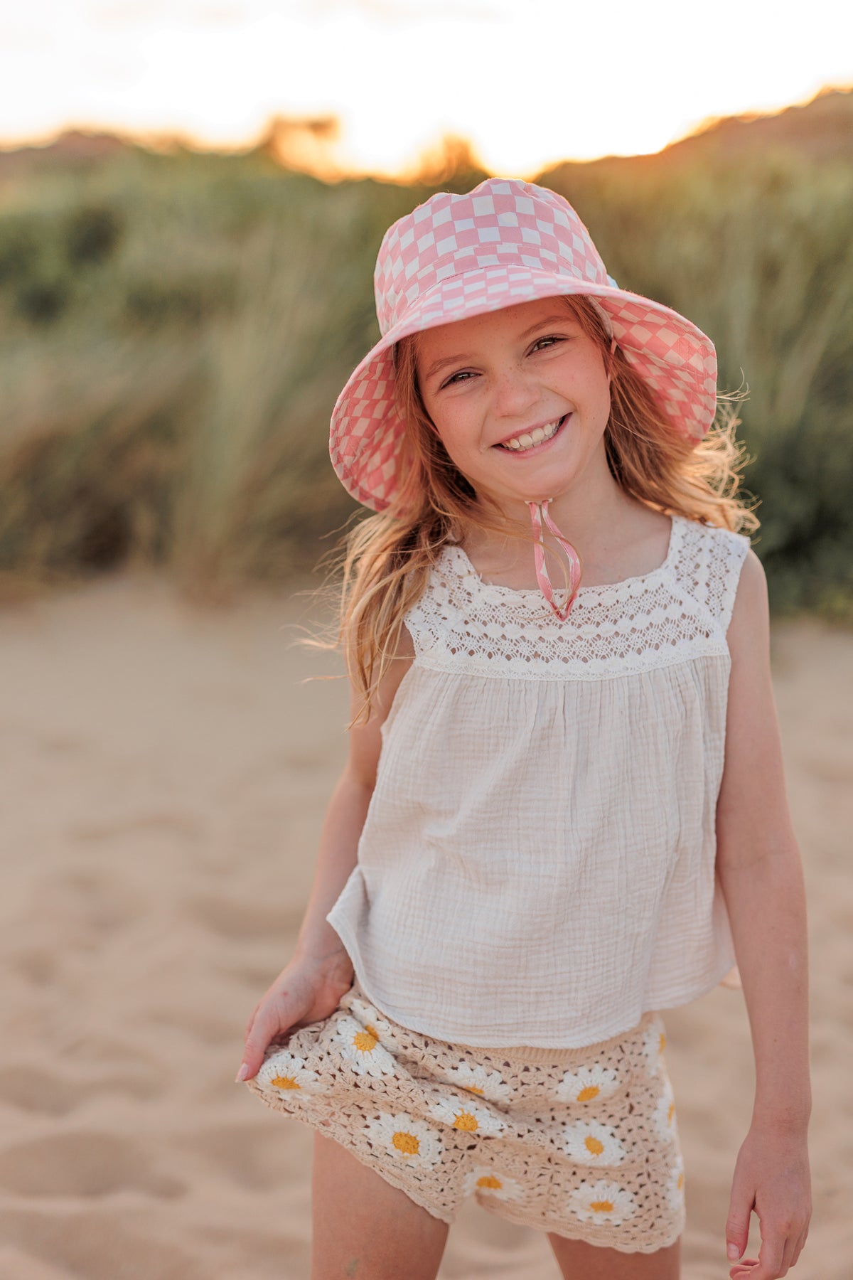 Pink Checks Broad Brim Bucket Hat Pink and Cream