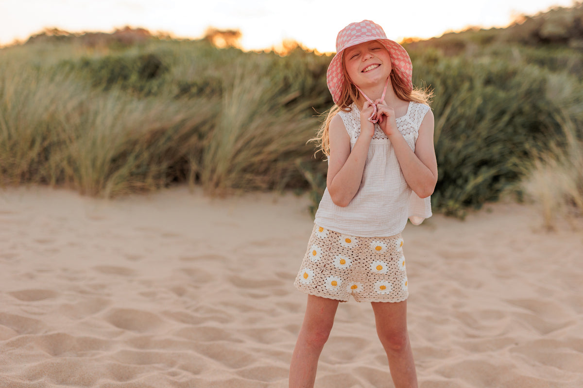 Pink Checks Broad Brim Bucket Hat Pink and Cream