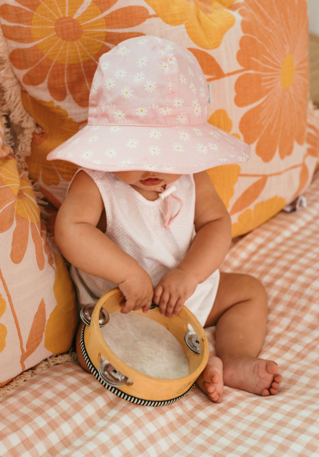 Daisy Fields Wide Brim Infant Hat Pink and Cream