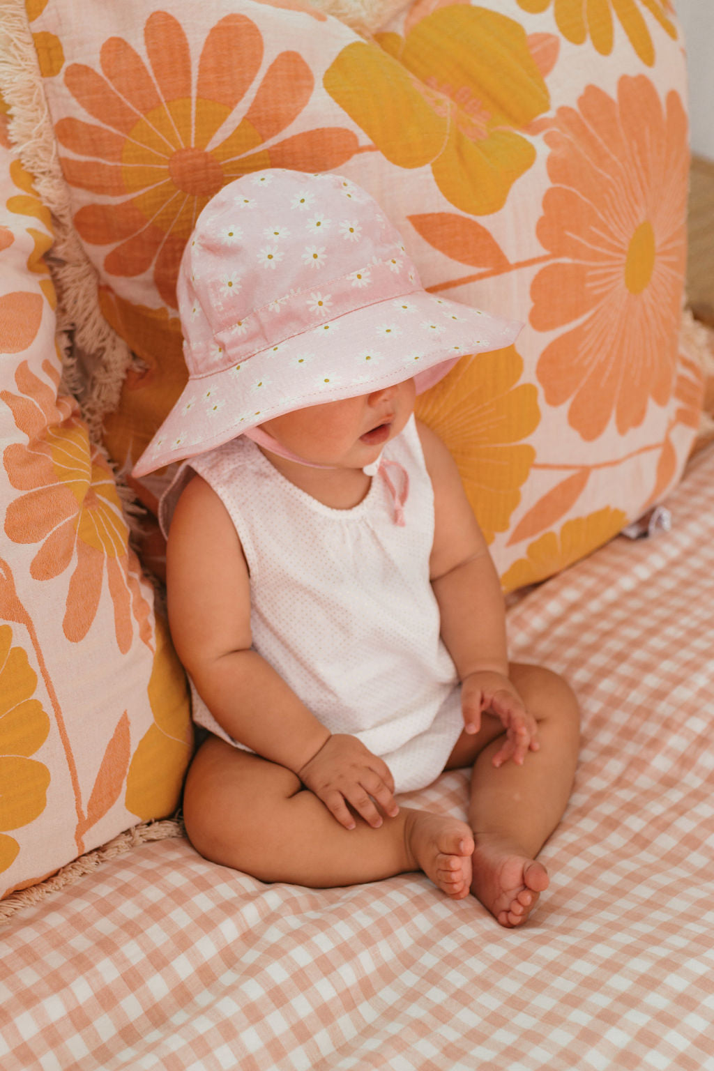 Daisy Fields Wide Brim Infant Hat Pink and Cream