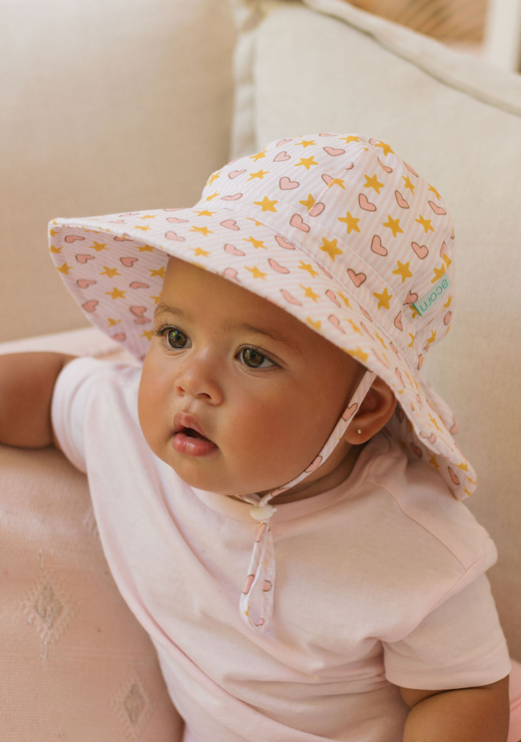 Love and Stars Stretch Cotton Wide Brim Sunhat Pink &amp; Yellow