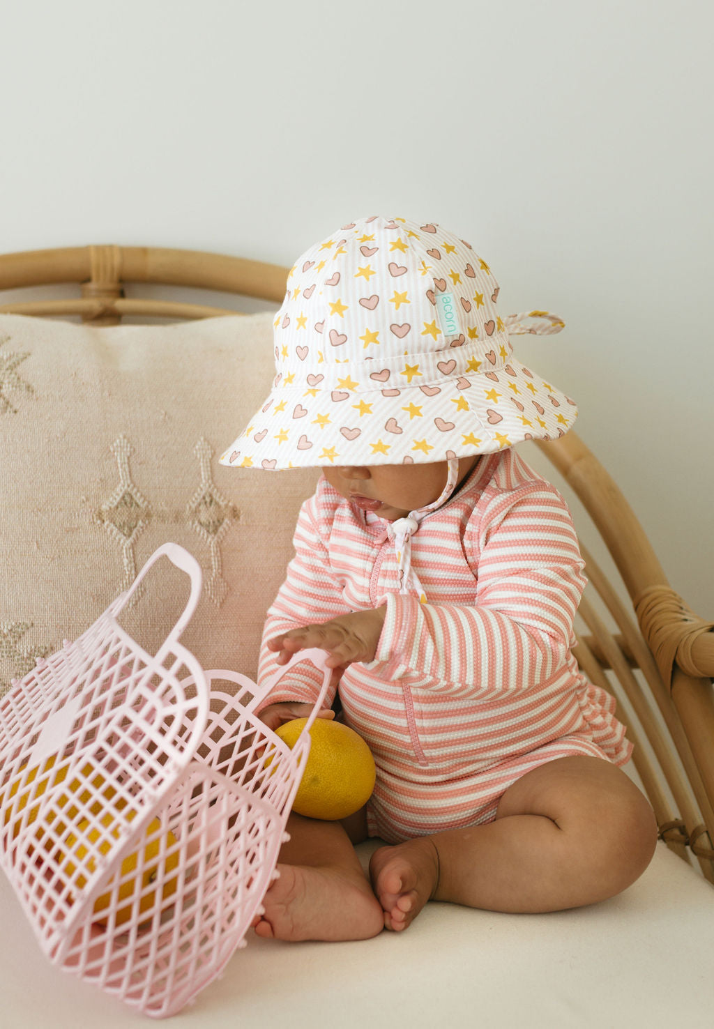 Love and Stars Stretch Cotton Wide Brim Sunhat Pink &amp; Yellow