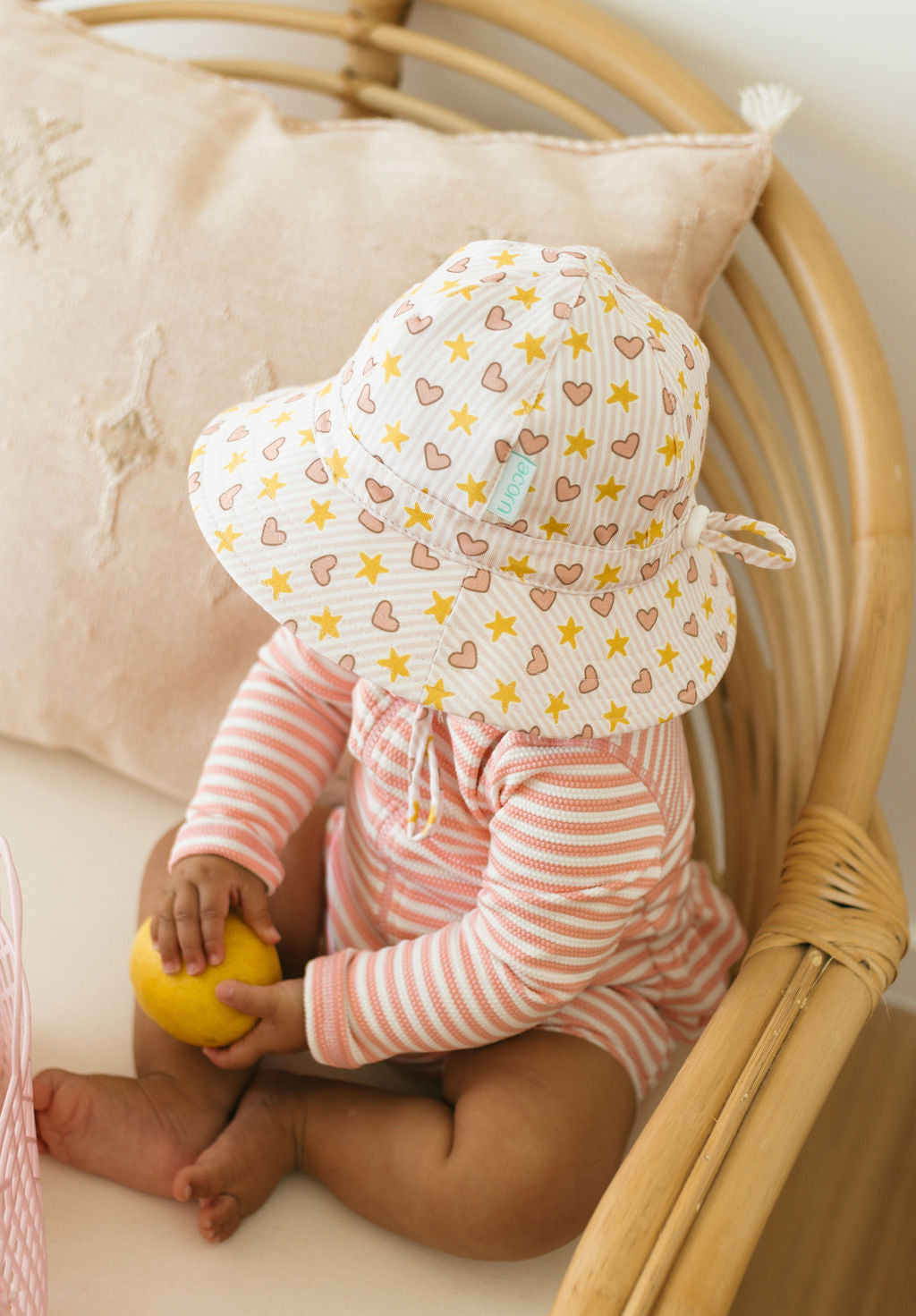 Love and Stars Stretch Cotton Wide Brim Sunhat Pink &amp; Yellow