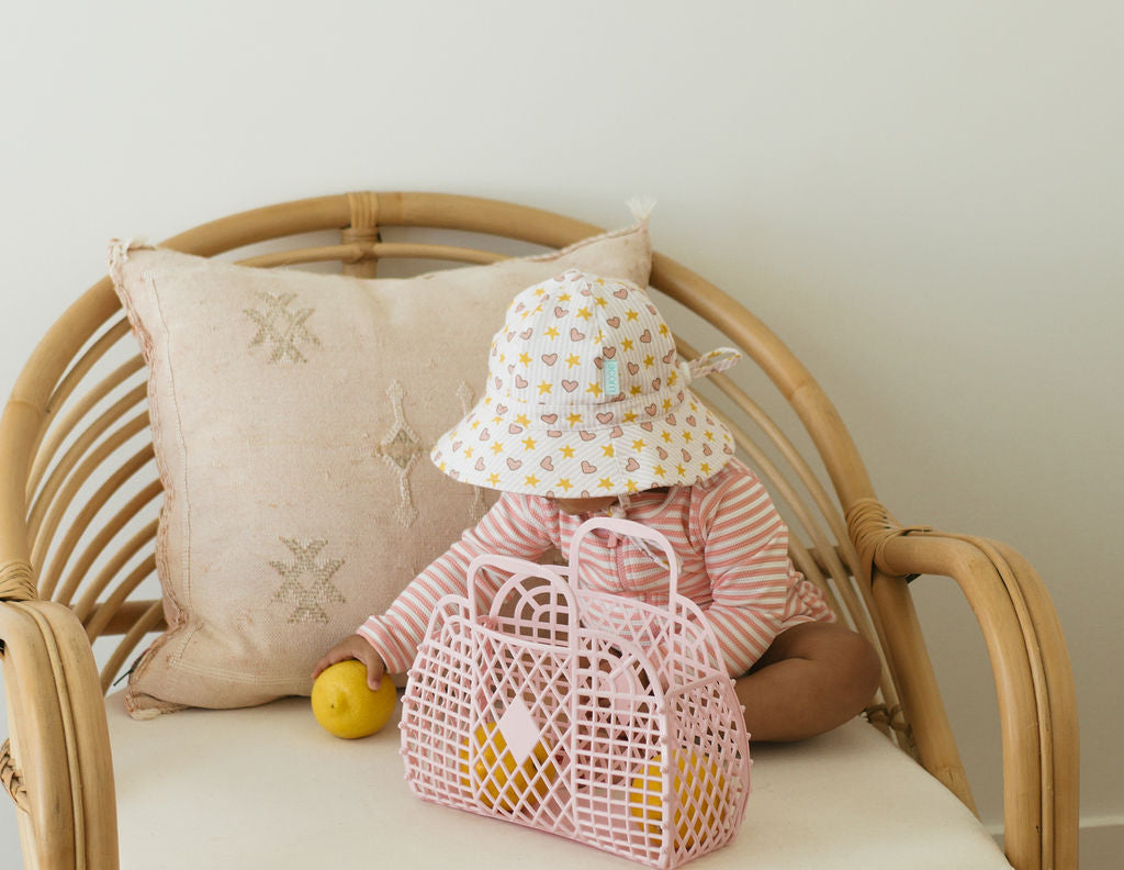Love and Stars Stretch Cotton Wide Brim Sunhat Pink &amp; Yellow