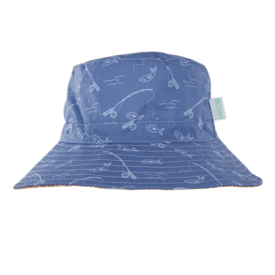 Gone Fishing Wide Brim Bucket Hat Blue and White