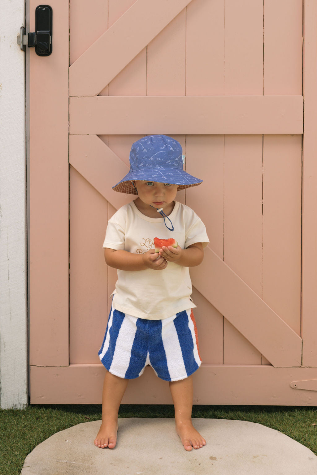 Gone Fishing Wide Brim Bucket Hat Blue and White