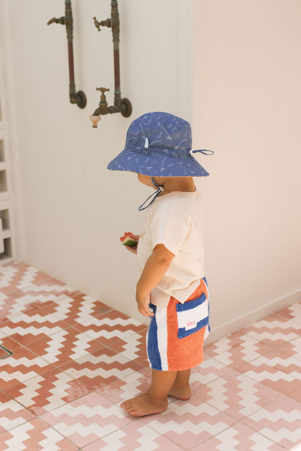 Gone Fishing Wide Brim Bucket Hat Blue and White