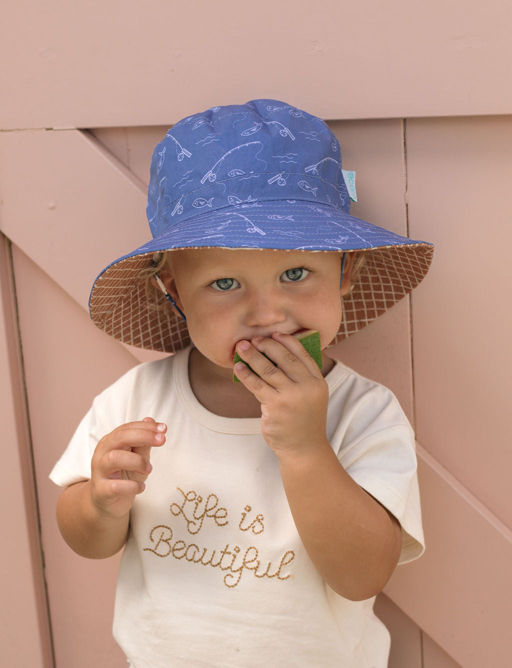 Gone Fishing Wide Brim Bucket Hat Blue and White