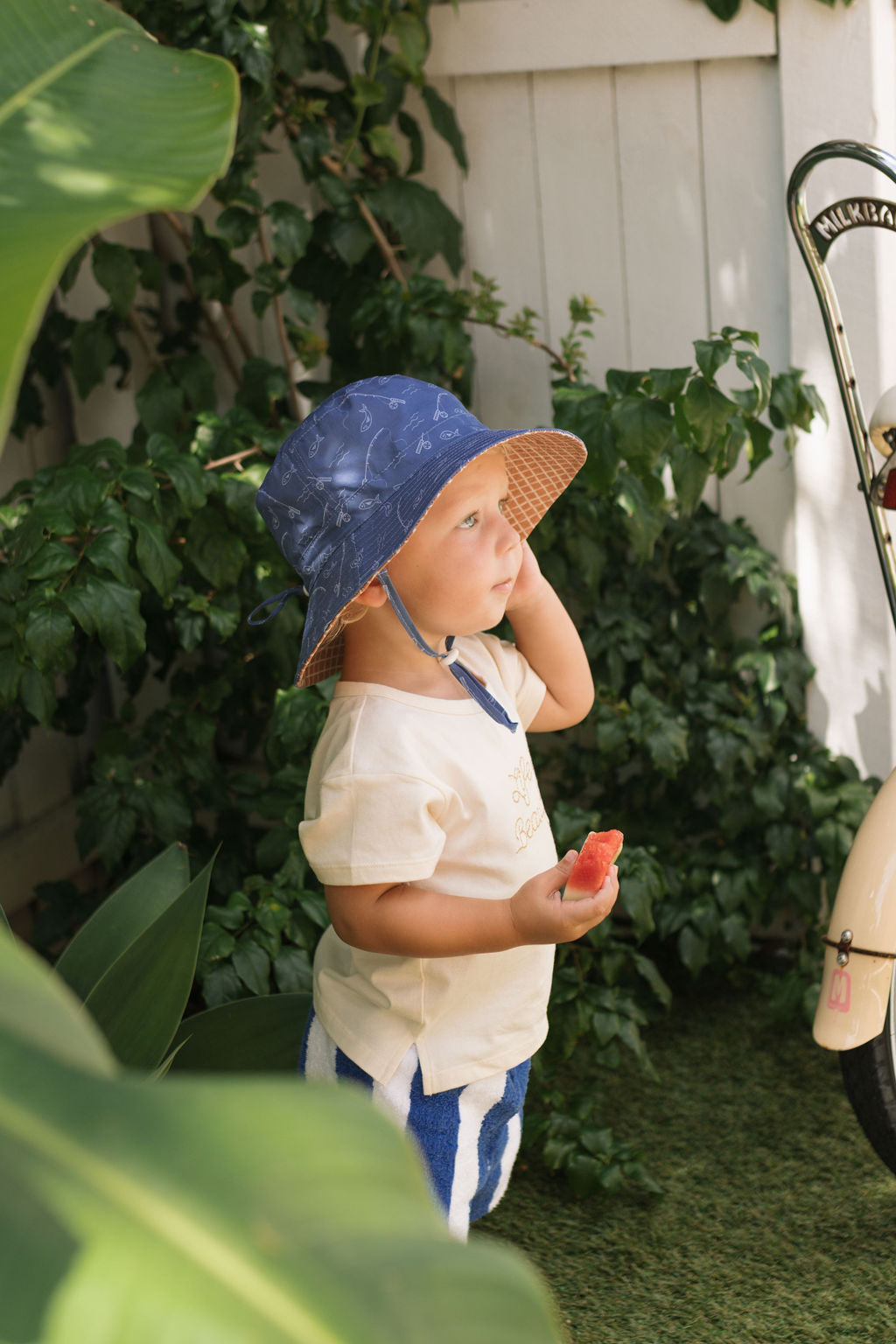 Gone Fishing Wide Brim Bucket Hat Blue and White
