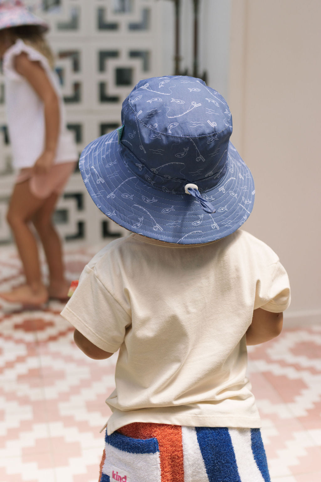 Gone Fishing Wide Brim Bucket Hat Blue and White