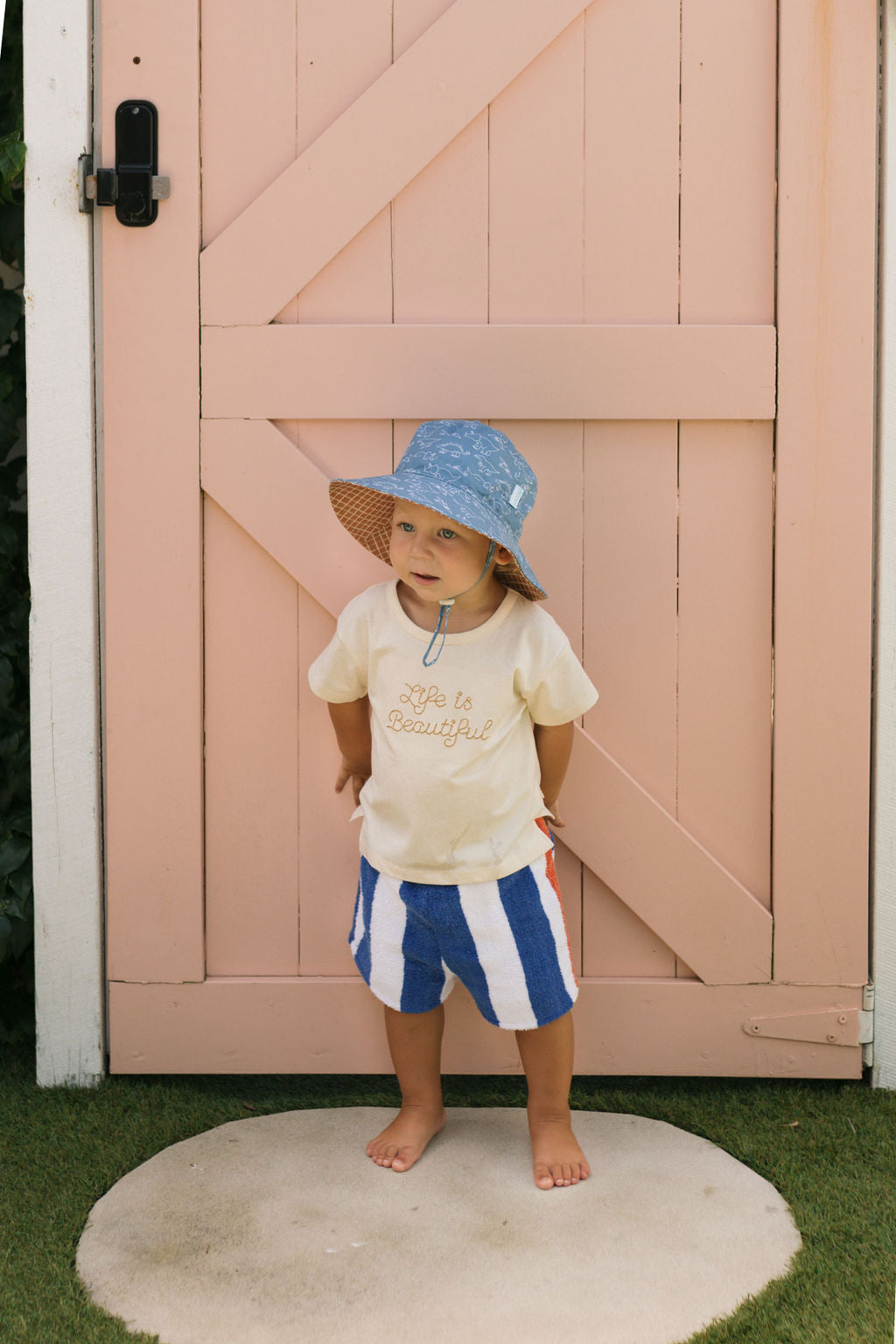 Sketch-a-Saurus Wide Brim Bucket Hat Blue and White