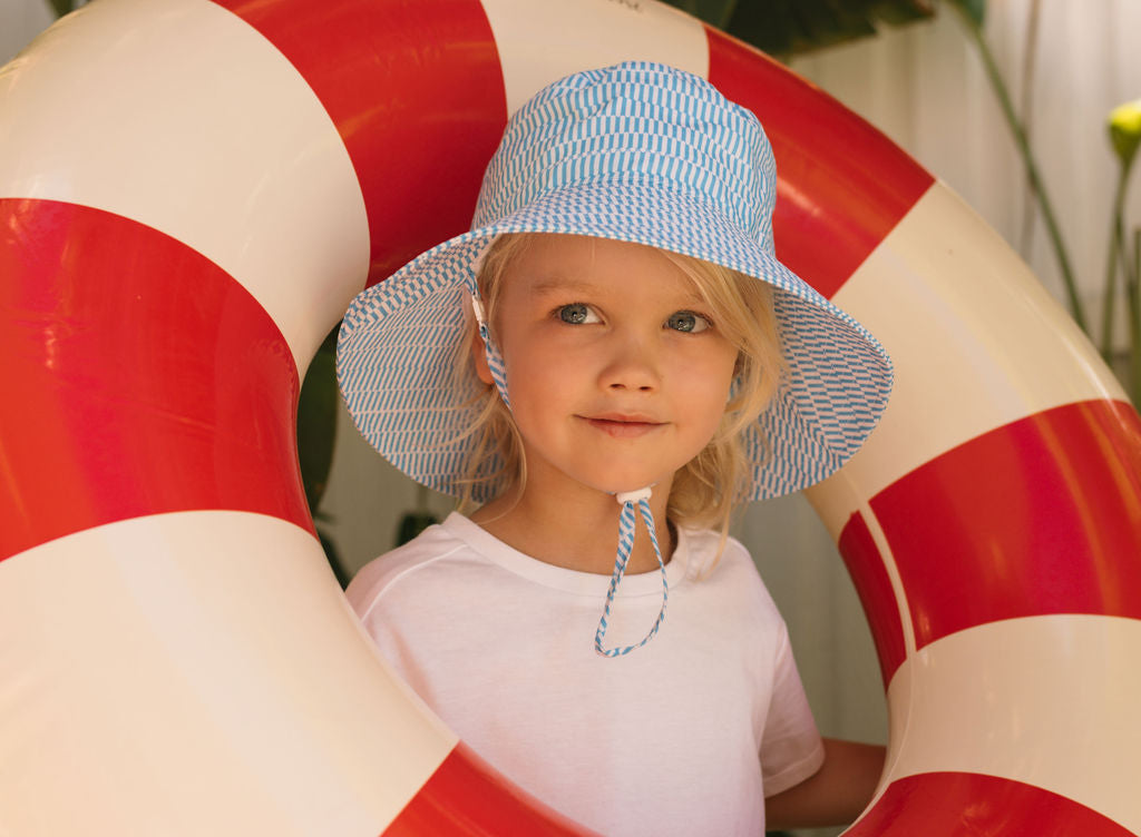 Mykonos Wide Brim Bucket Hat Blue and White