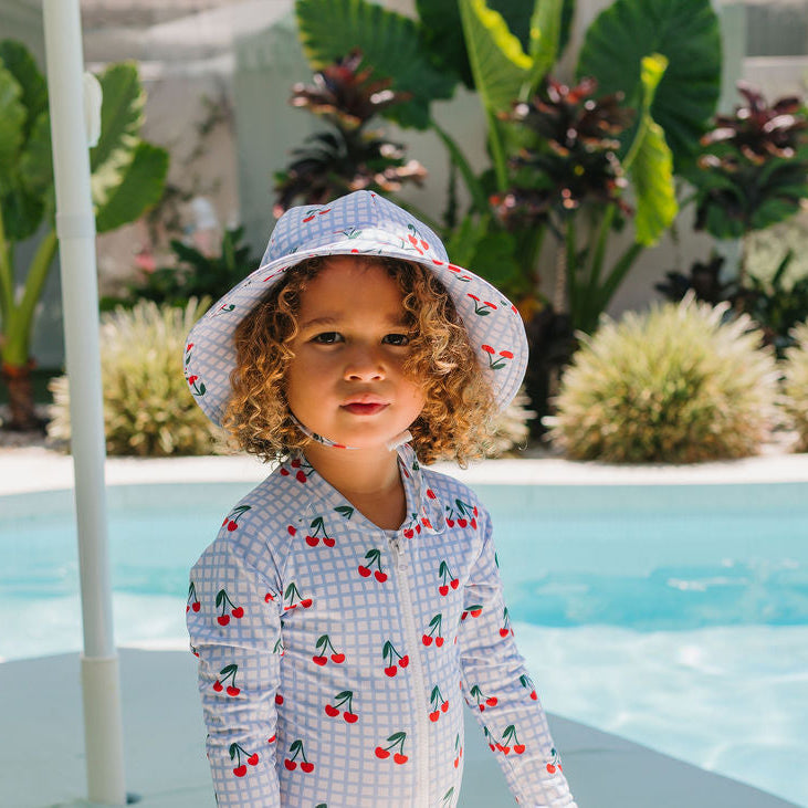Cherry Checks Wide Brim Swim Hat Blue, Cream and Red