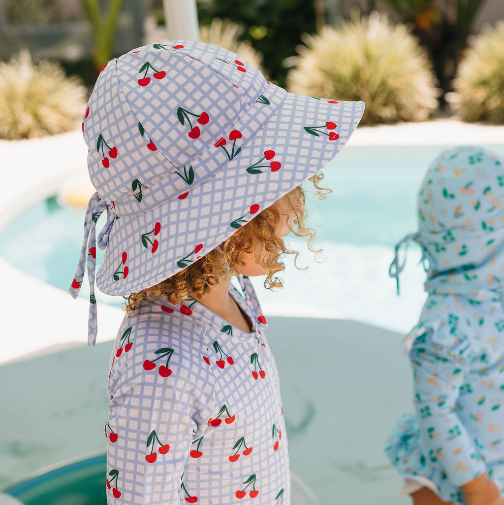 Cherry Checks Wide Brim Swim Hat Blue, Cream and Red