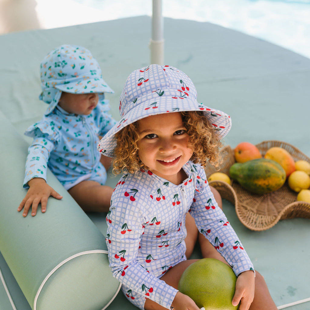 Cherry Checks Wide Brim Swim Hat Blue, Cream and Red