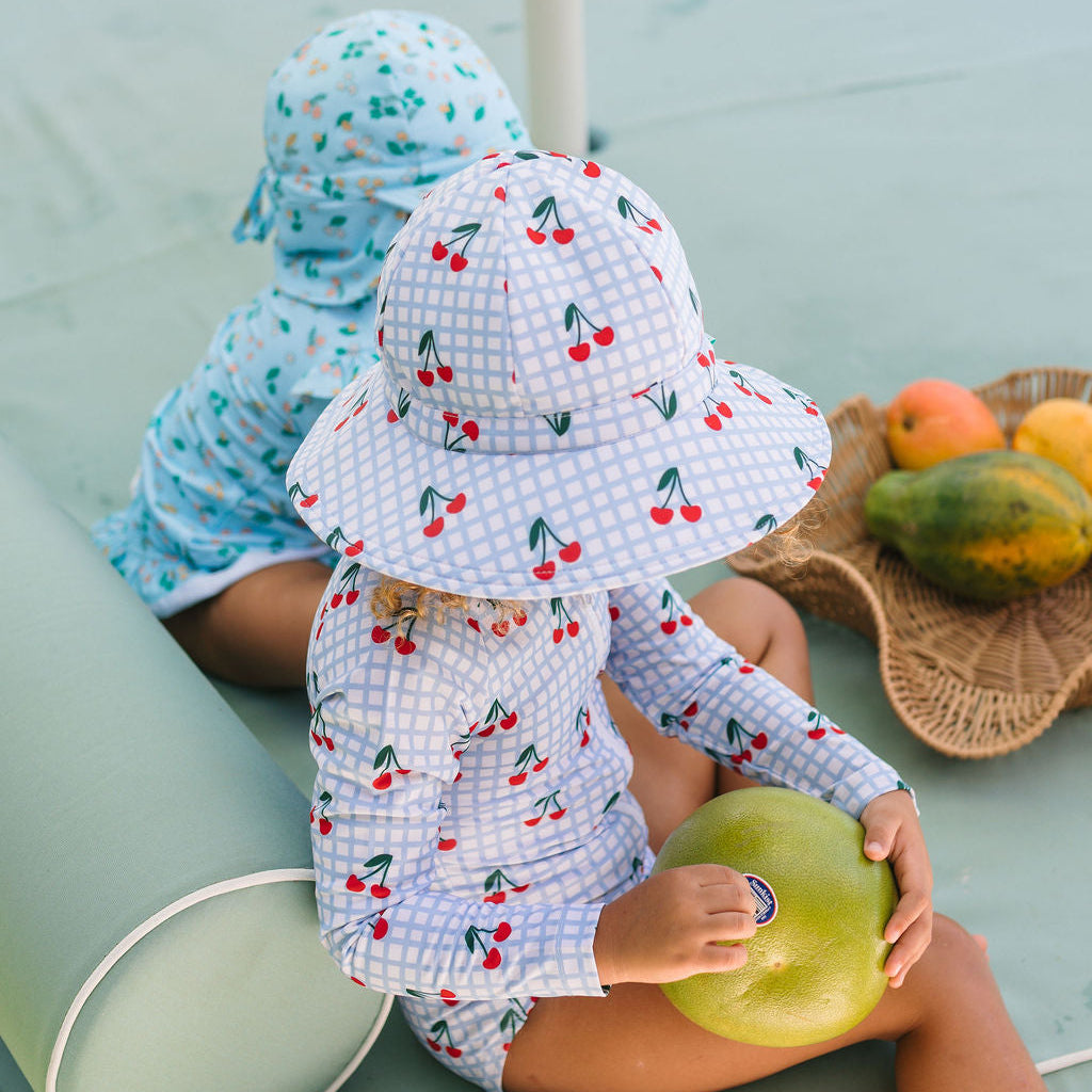 Cherry Checks Wide Brim Swim Hat Blue, Cream and Red