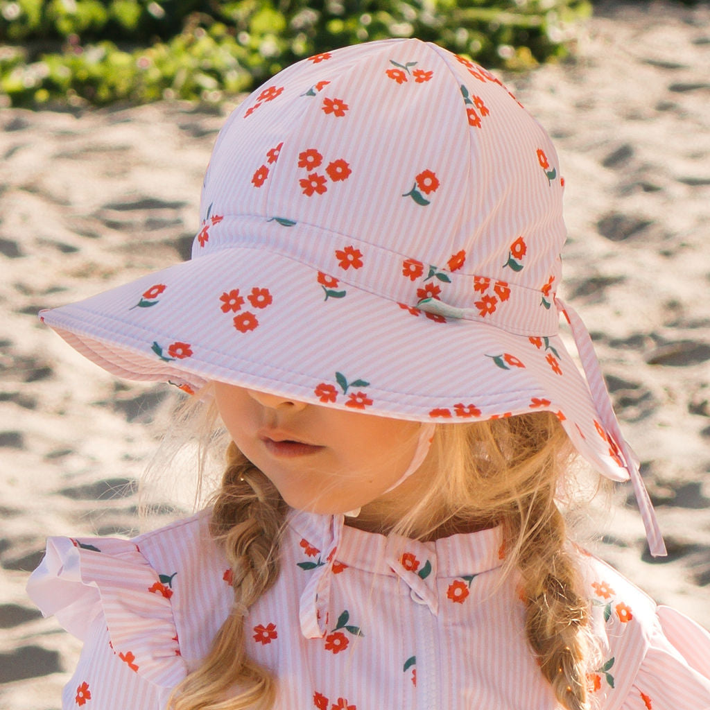 Striped Posy Wide Brim Swim Hat Pink, White and Red