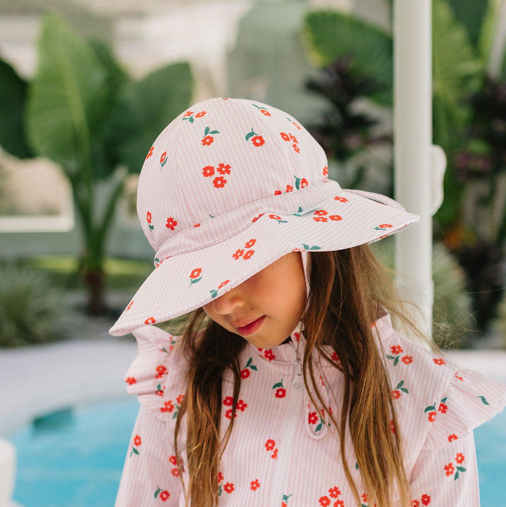 Striped Posy Wide Brim Swim Hat Pink, White and Red