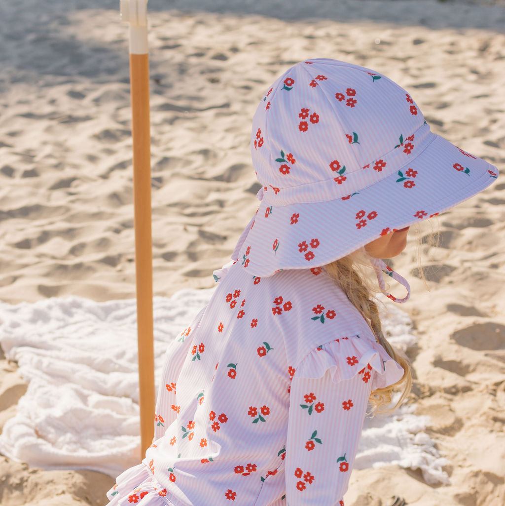 Striped Posy Wide Brim Swim Hat Pink, White and Red