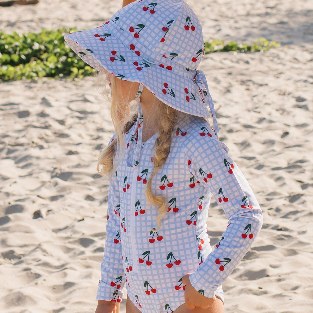 Cherry Checks UPF50+ Swimming Suit Blue, Cream and Red