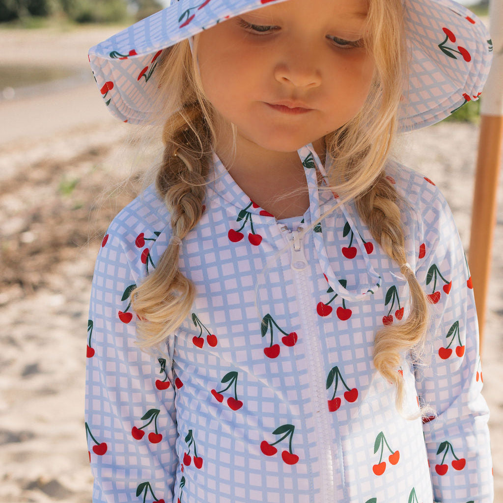 Cherry Checks UPF50+ Swimming Suit Blue, Cream and Red