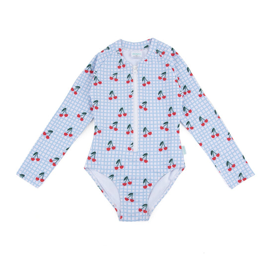 Cherry Checks UPF50+ Swimming Suit Blue, Cream and Red