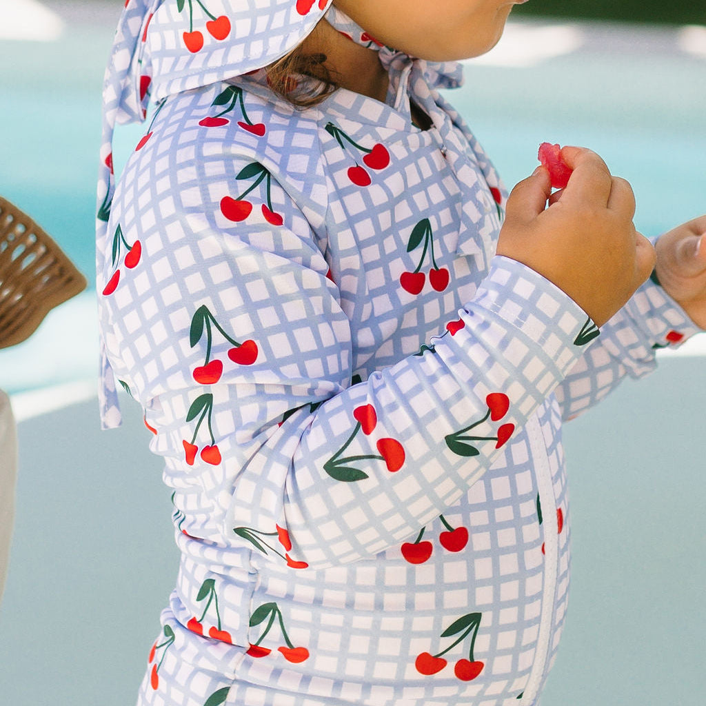 Cherry Checks UPF50+ Swimming Suit Blue, Cream and Red